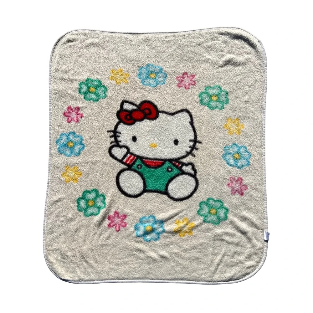 VTG 90s Sanrio Hello Kitty Thermal Plush Throw Blanket Cream Floral 43x49 Kawaii
